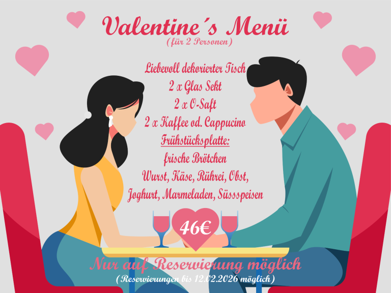 Valentinstagsmenü mit Paar in einem Restaurant, Menüdetails und Preis aufgeführt.